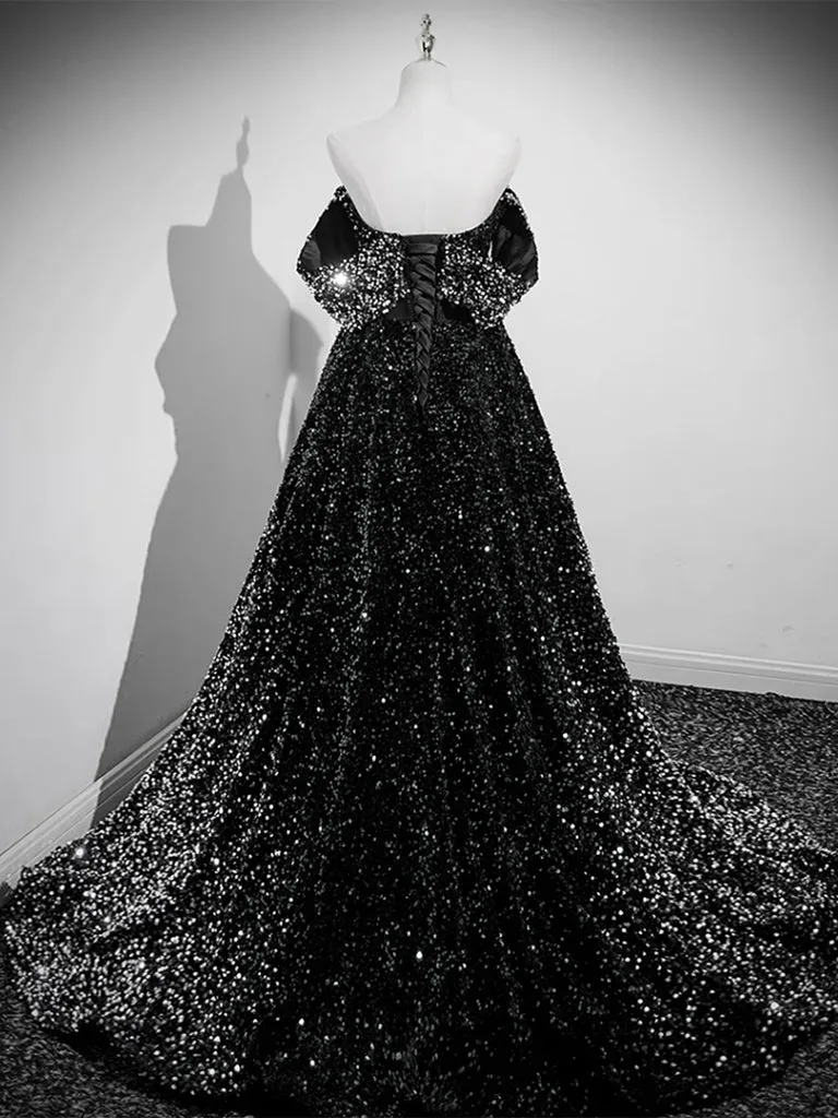 Robe de bal trapèze noire à épaules dénudées et paillettes