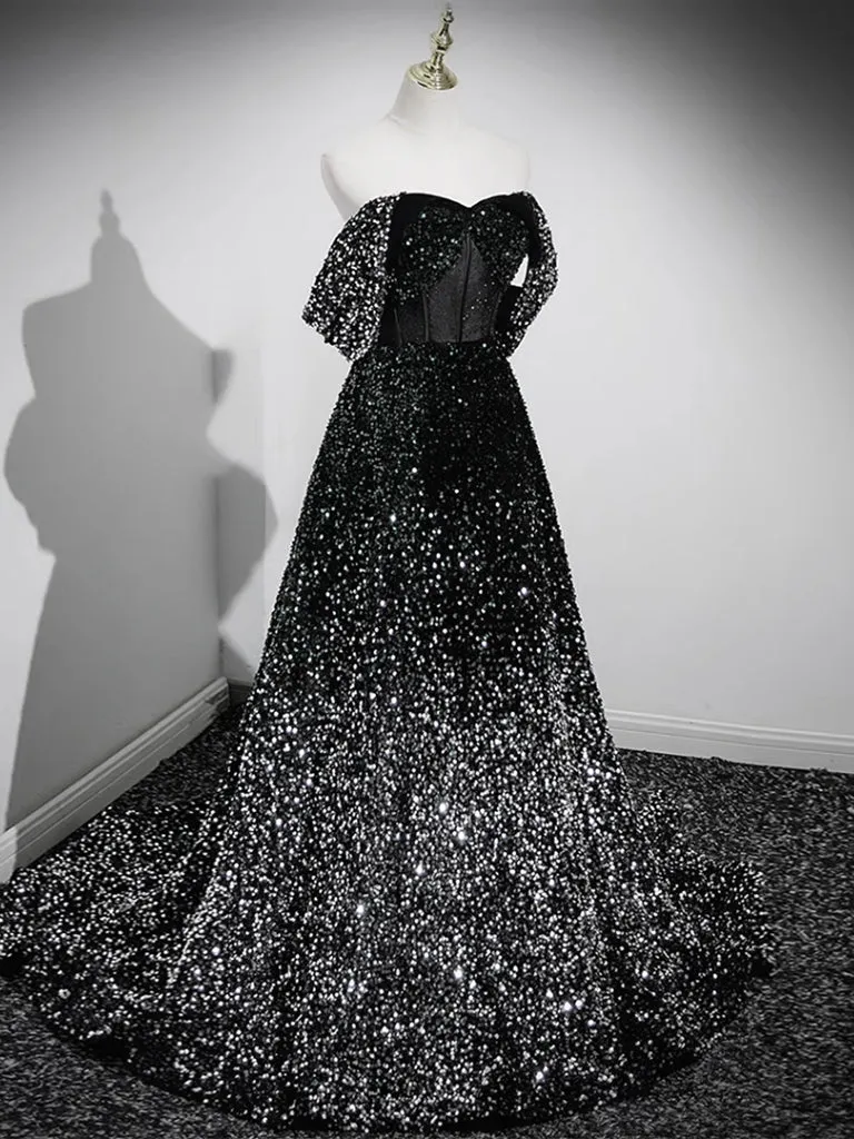 Robe de bal trapèze noire à épaules dénudées et paillettes