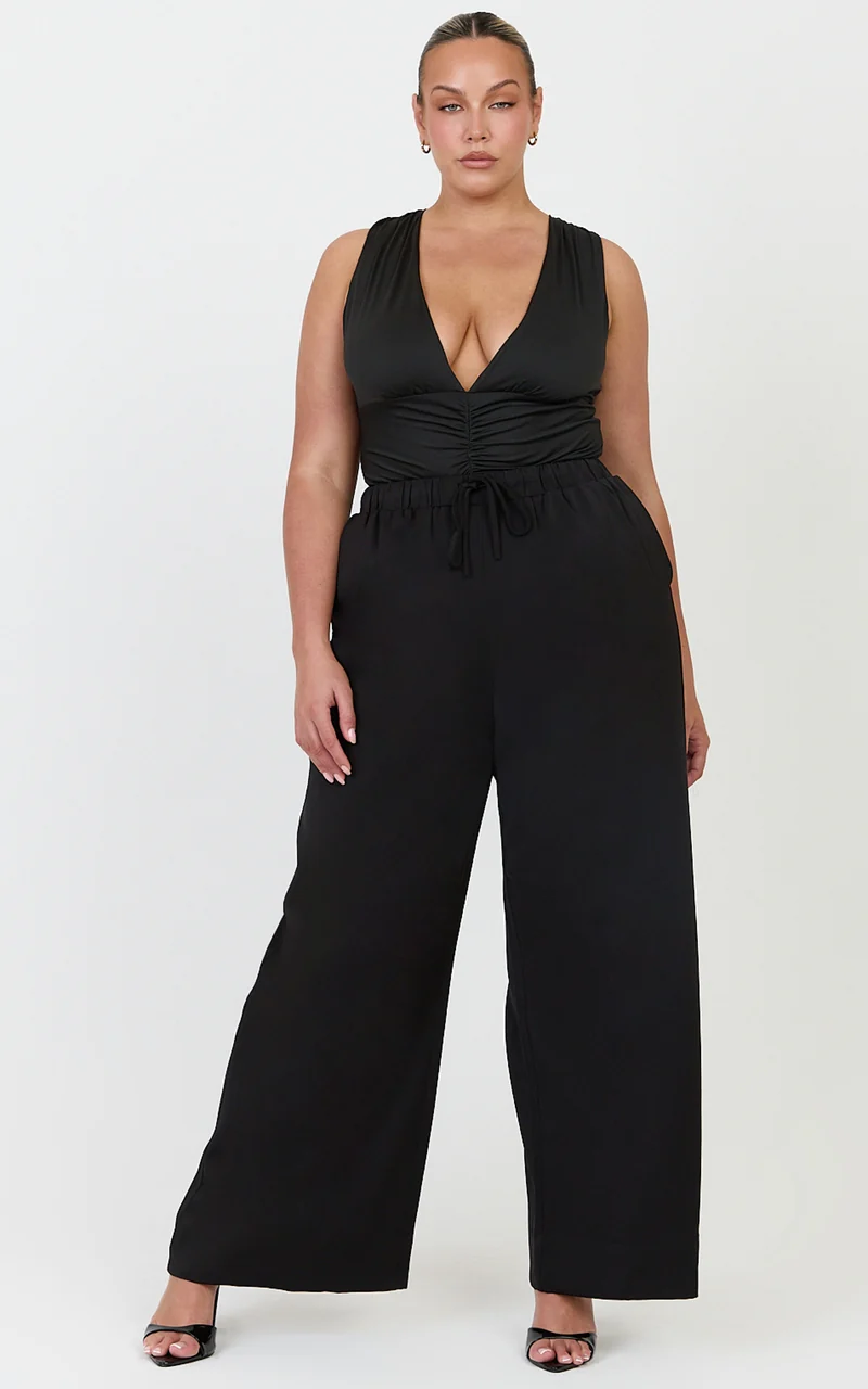 Nicole Pants - High Waist Elasticated Gathered Waist Wide Leg Pants in Black