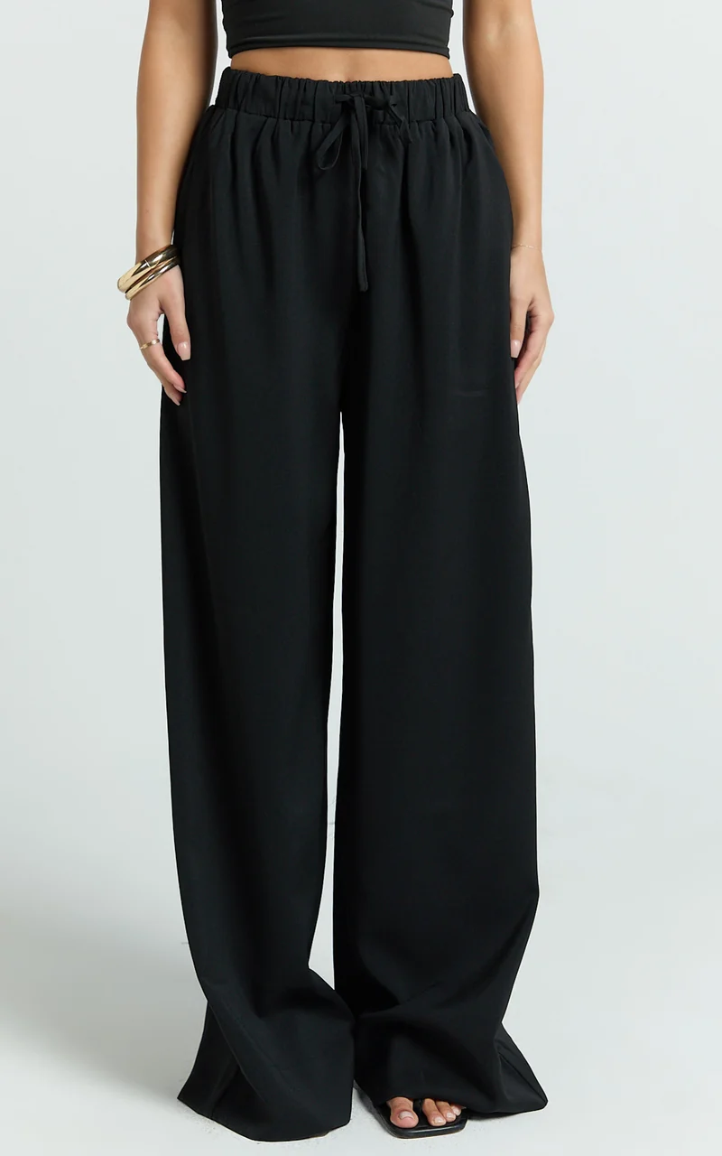 Nicole Pants - High Waist Elasticated Gathered Waist Wide Leg Pants in Black