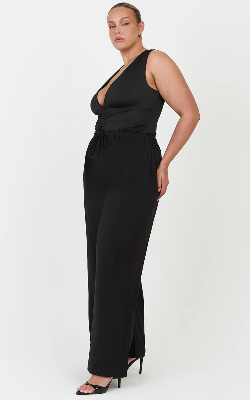 Nicole Pants - High Waist Elasticated Gathered Waist Wide Leg Pants in Black