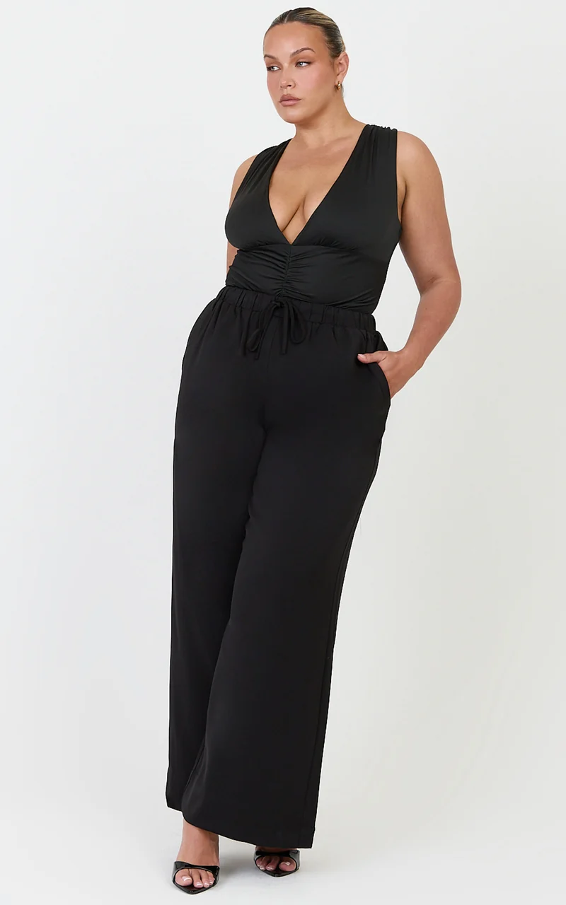 Nicole Pants - High Waist Elasticated Gathered Waist Wide Leg Pants in Black