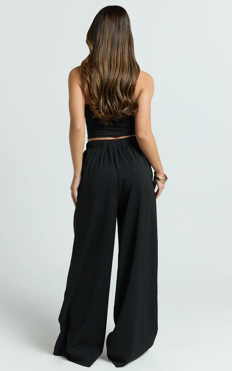 Nicole Pants - High Waist Elasticated Gathered Waist Wide Leg Pants in Black