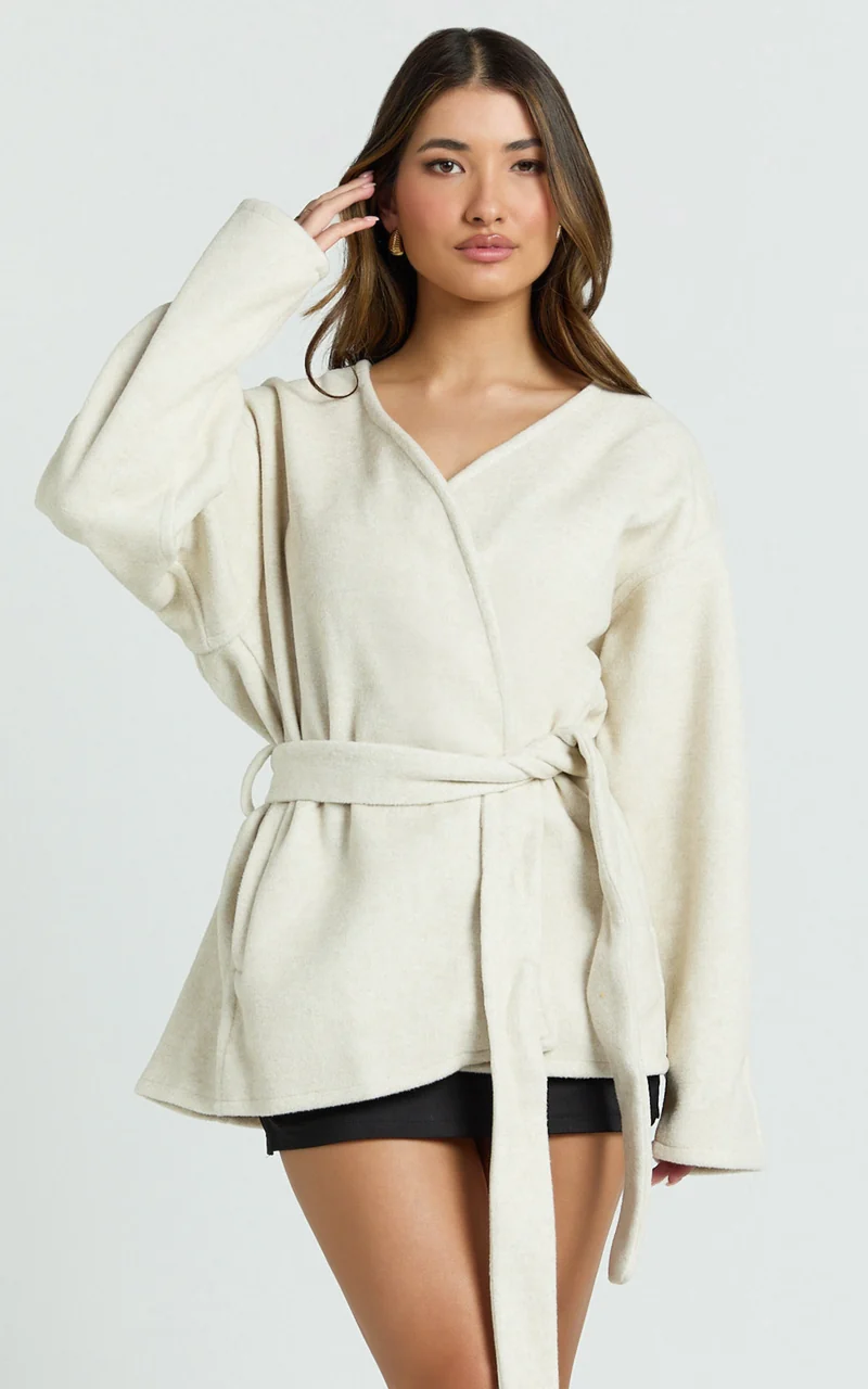 Annalise Jacket - Collarless Tie Waist Wool Look Jacket in Cream