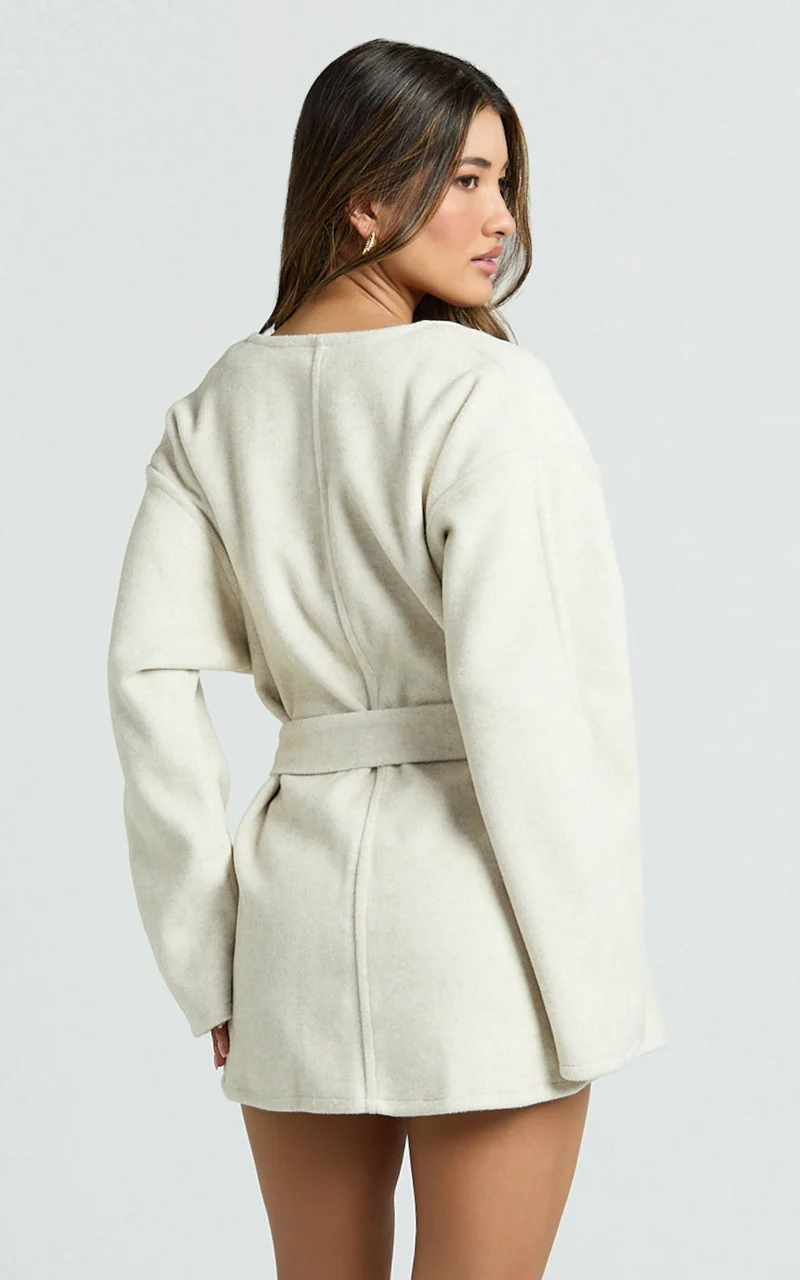 Annalise Jacket - Collarless Tie Waist Wool Look Jacket in Cream
