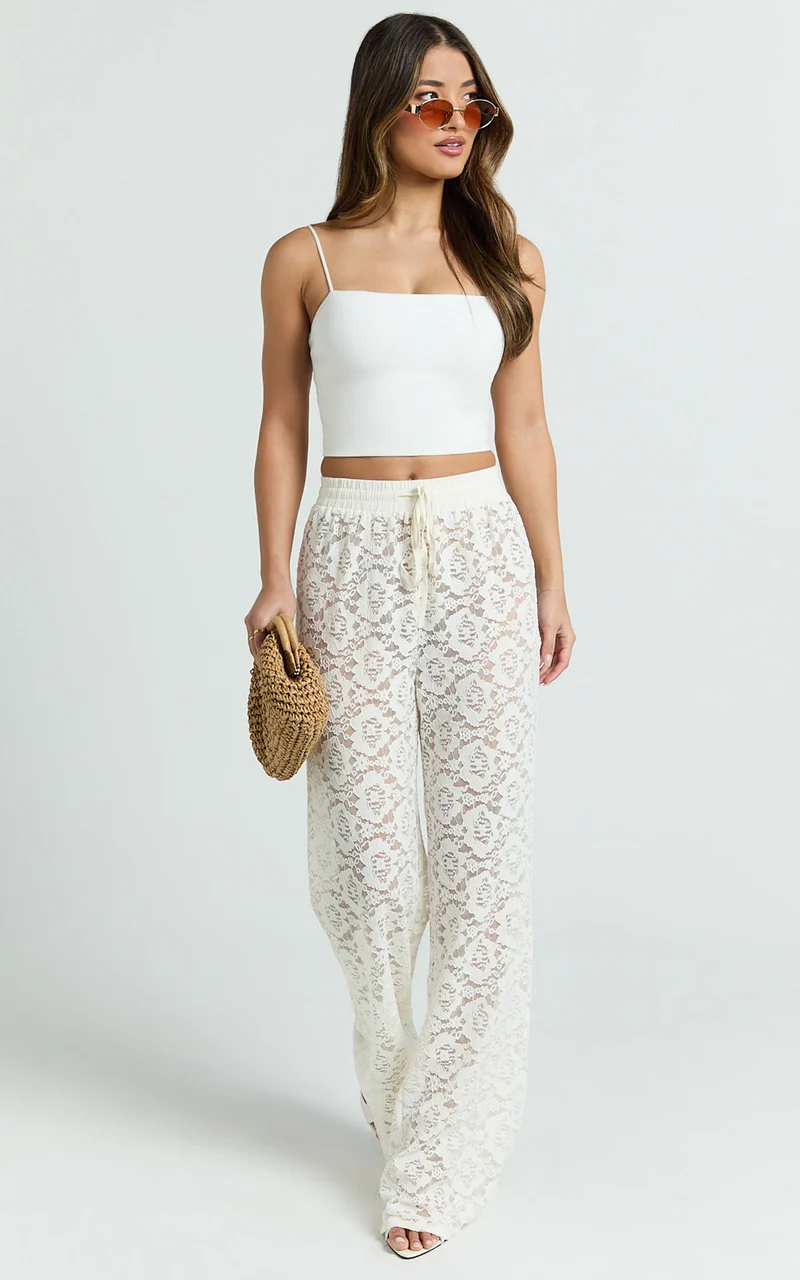 Roxy Pants - High Waist Lace Relaxed Drawstring Pants in Off White