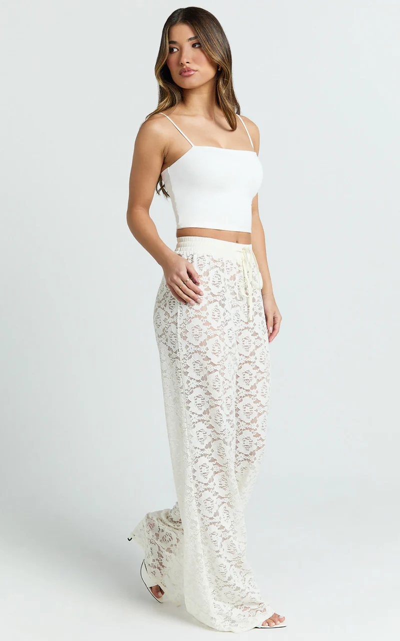 Roxy Pants - High Waist Lace Relaxed Drawstring Pants in Off White