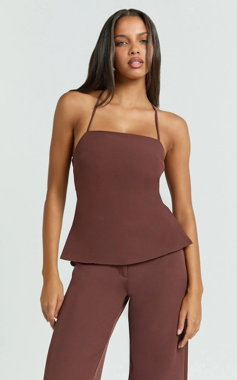 Tessa Top - Square Neck Backless Apron Top in Brown