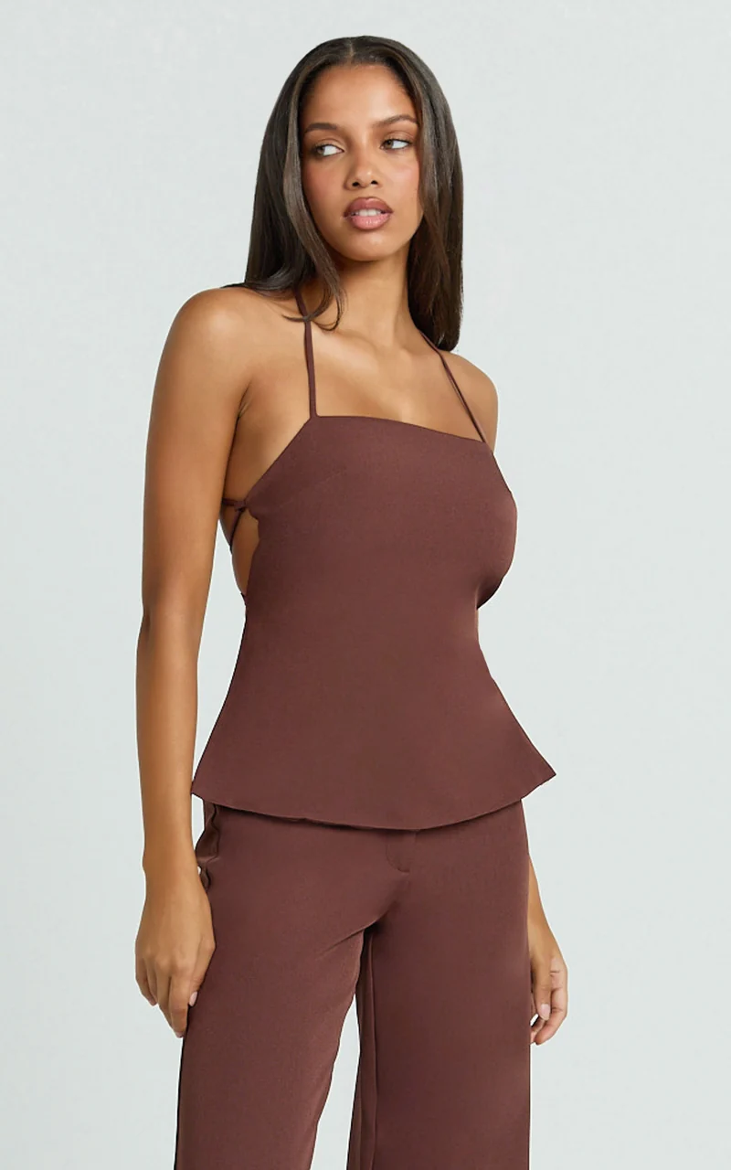 Tessa Top - Square Neck Backless Apron Top in Brown