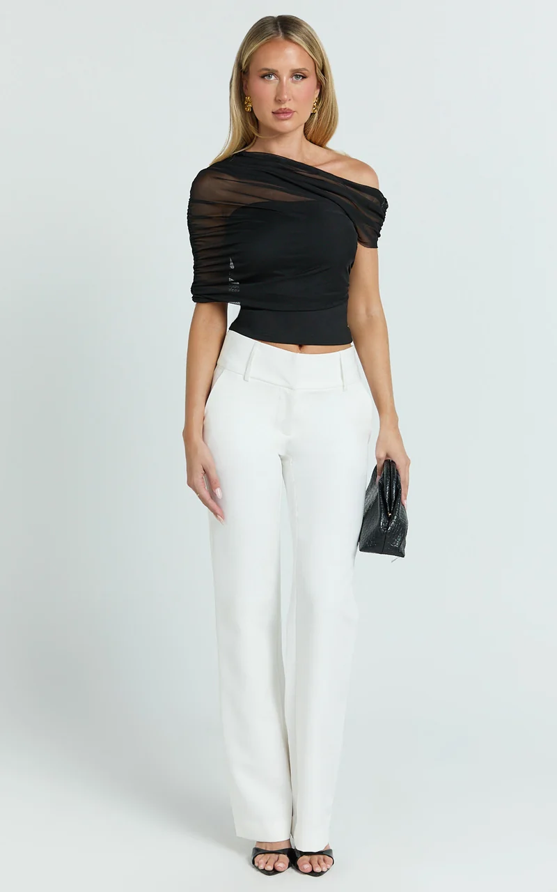 Sophia Top - Draped One Shoulder Mesh Overlay Top in Black