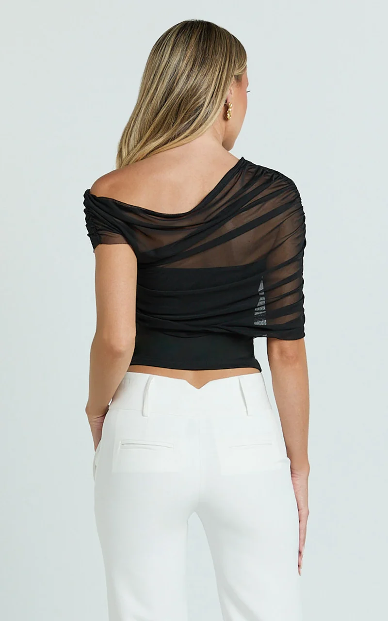Sophia Top - Draped One Shoulder Mesh Overlay Top in Black