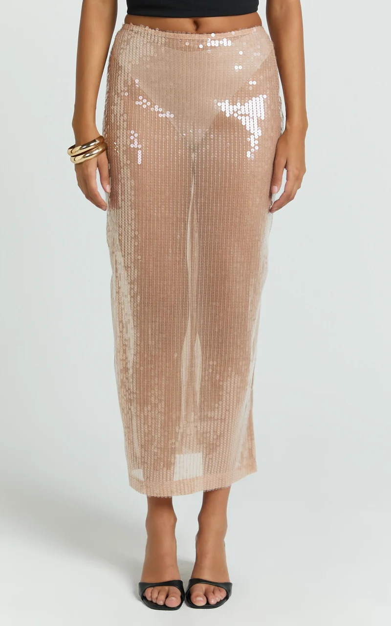 Tiffany Midi Skirt - Low Waisted Sheer Sequin Skirt in Nude Sequin