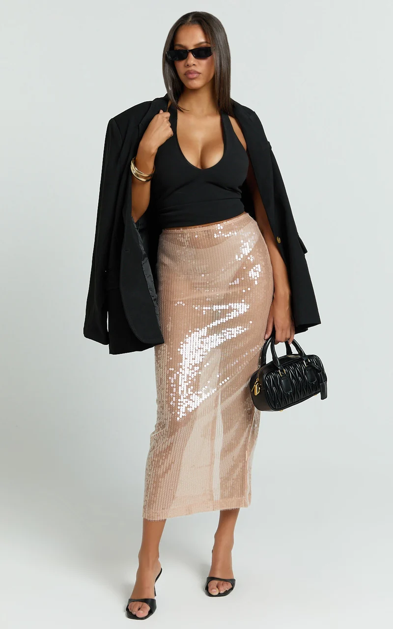 Tiffany Midi Skirt - Low Waisted Sheer Sequin Skirt in Nude Sequin