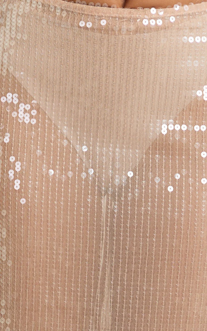 Tiffany Midi Skirt - Low Waisted Sheer Sequin Skirt in Nude Sequin