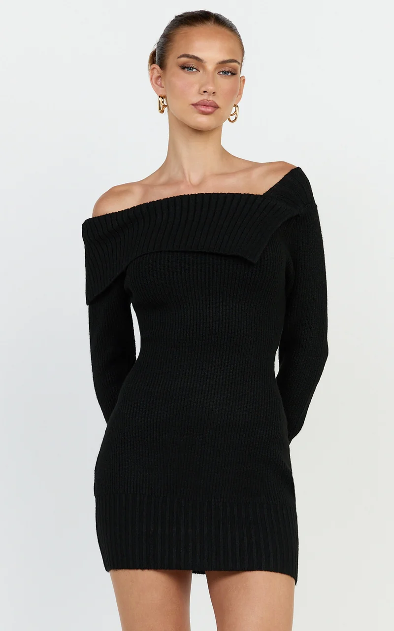 Tess Mini Dress - Asymmetric Off Shoulder Long Sleeve Knit Dress in Black