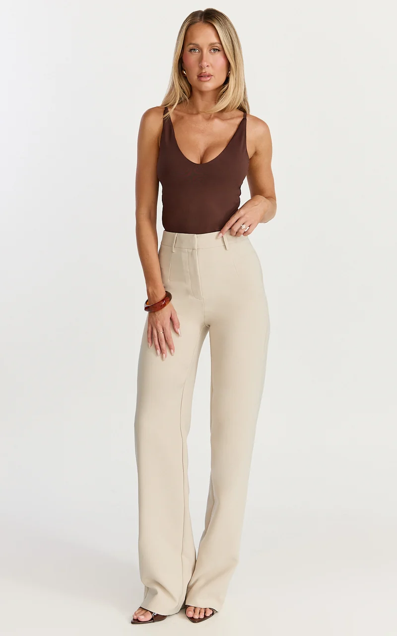 Sally Pants - Mid Waisted Straight Leg Tailored Pants in Putty