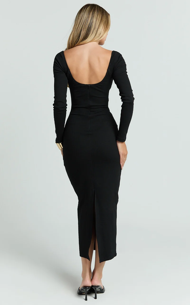 Naya Midi Dress - Long Sleeve Sweetheart Neck Bodycon Dress in Black