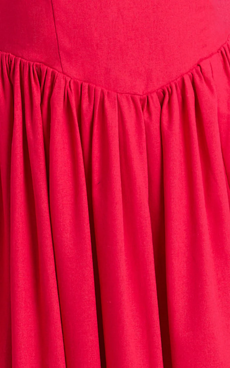 Morris Midi Dress - Linen Scoop Neck Gathered Dress in Red