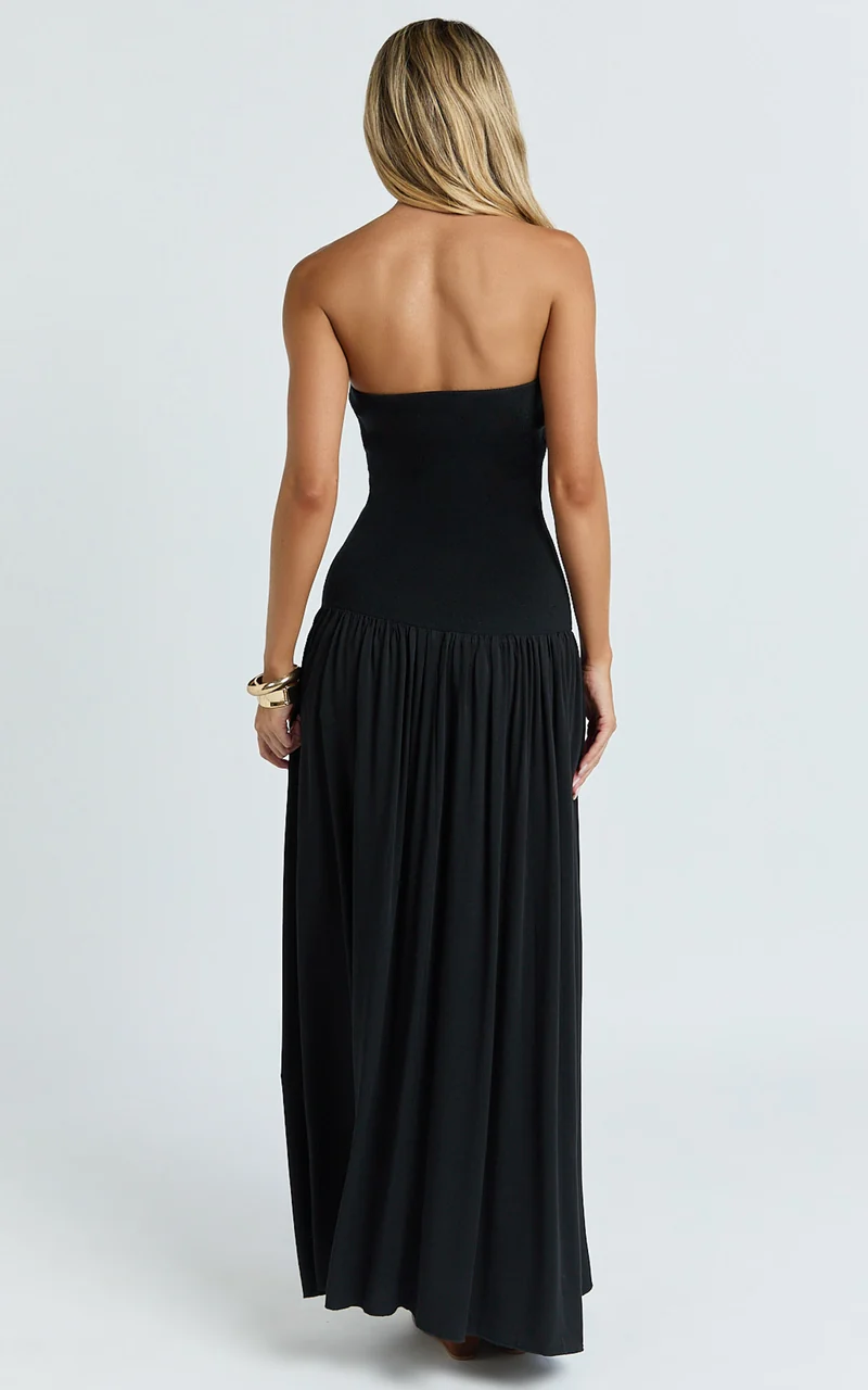 Harlee Maxi Dress - Strapless Drop Waist Knit Bodice Full Gathered Skirt Dress in Black