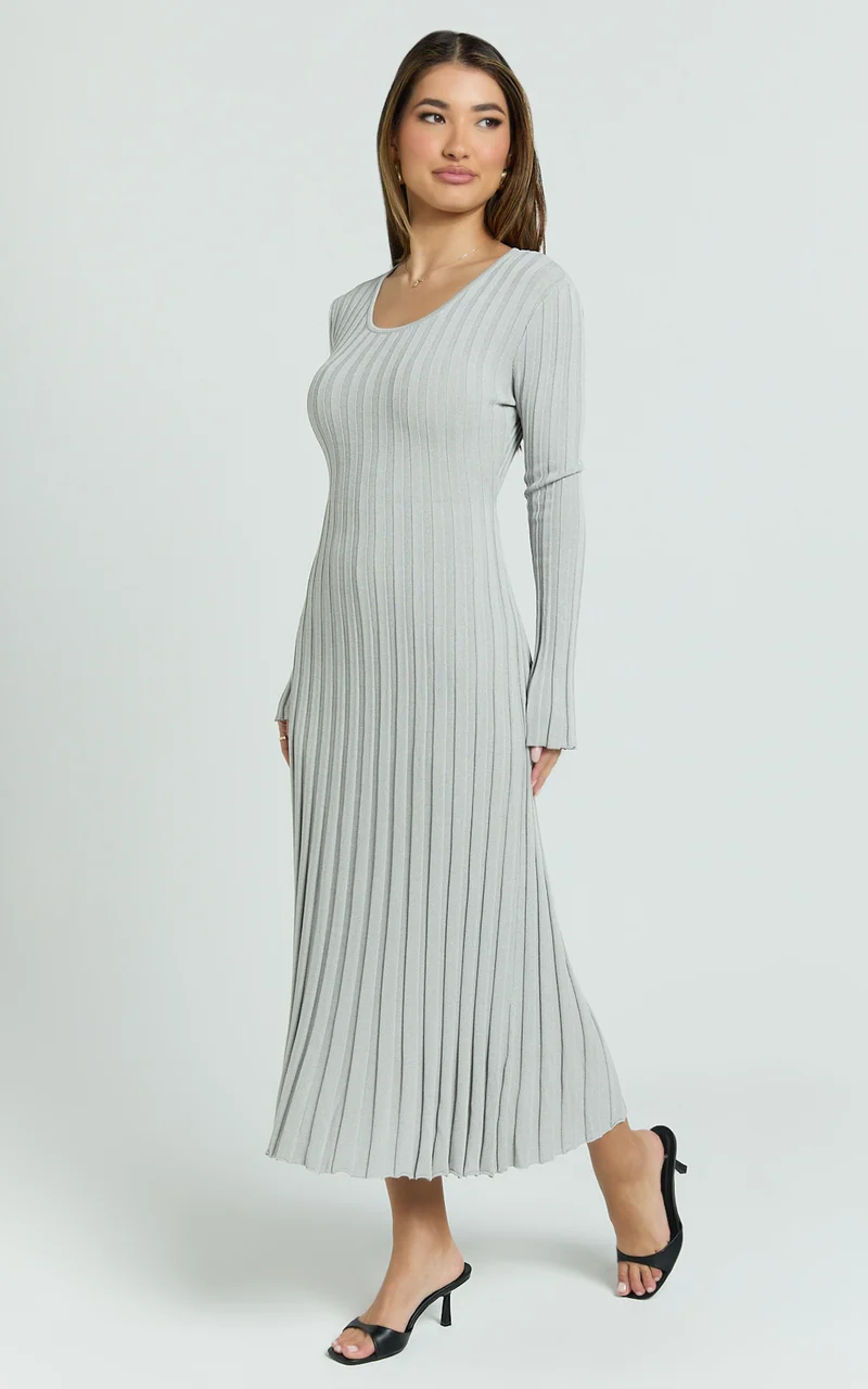 Blaire Midi Dress - Long Sleeve Tie Back Flare Dress in Grey Marle