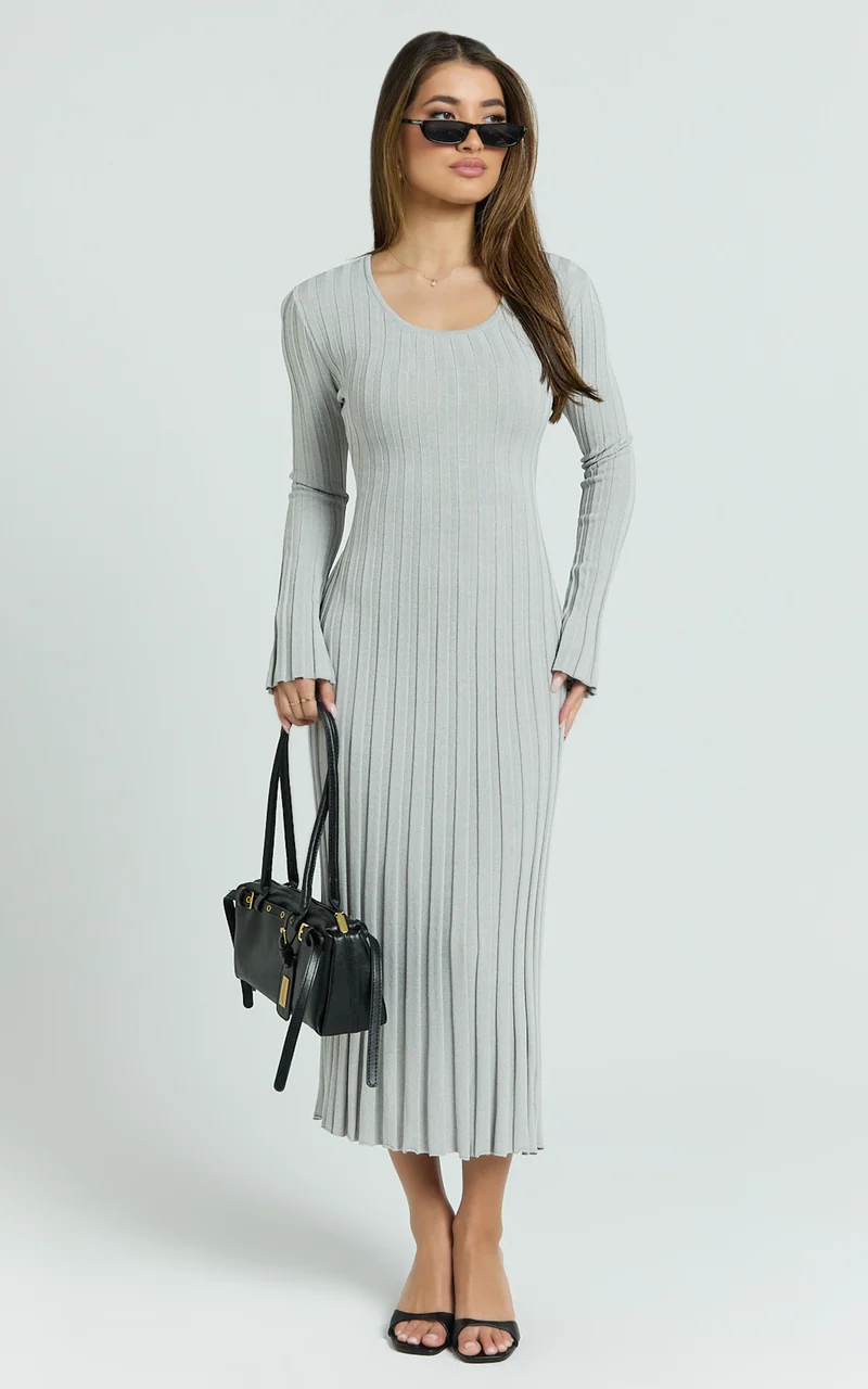 Blaire Midi Dress - Long Sleeve Tie Back Flare Dress in Grey Marle
