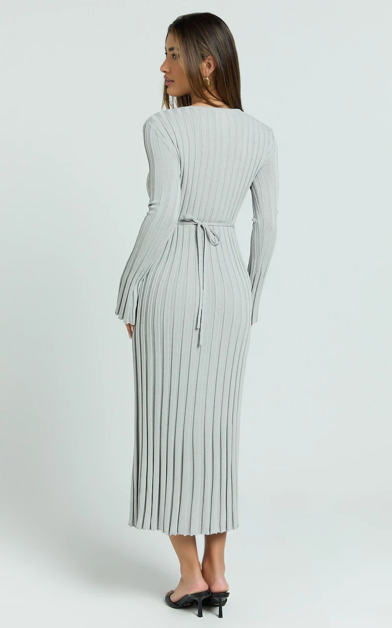 Blaire Midi Dress - Long Sleeve Tie Back Flare Dress in Grey Marle