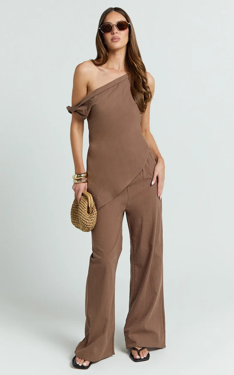 Annalie Two Piece Top and Pants Set - Off Shoulder Linen Set in Mocha