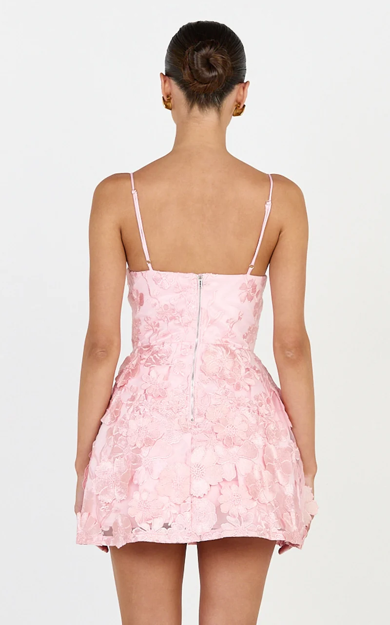Kala Mini Dress - 3D Floral A Line Dress in Pink