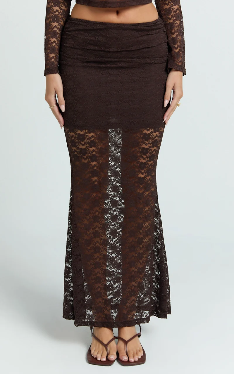 Viola Maxi Skirt - Lace Sheer Bodycon Skirt in Chocolate