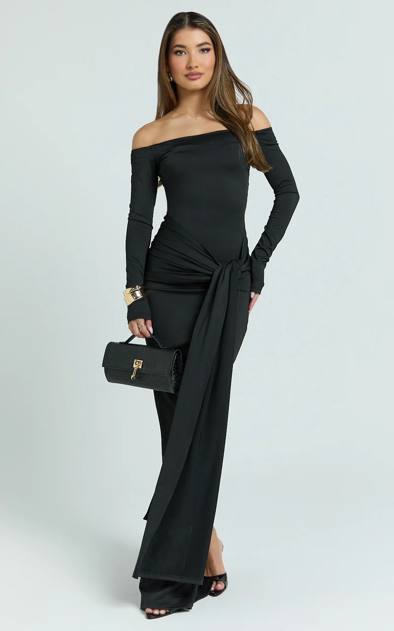 Judith Maxi Dress - Boat Neck Backless Tie Front Long Sleeve Jersey Dress in Black