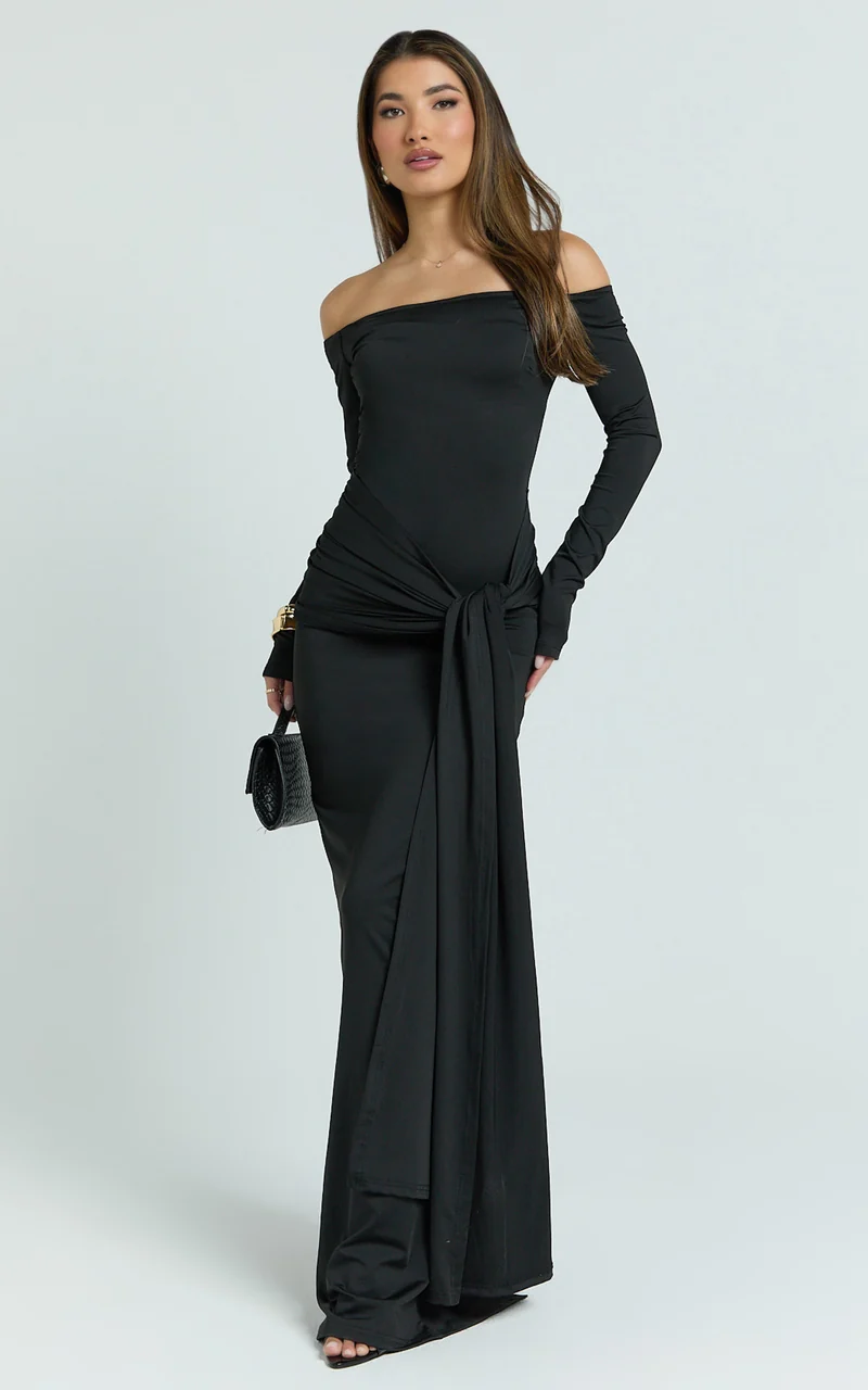 Judith Maxi Dress - Boat Neck Backless Tie Front Long Sleeve Jersey Dress in Black