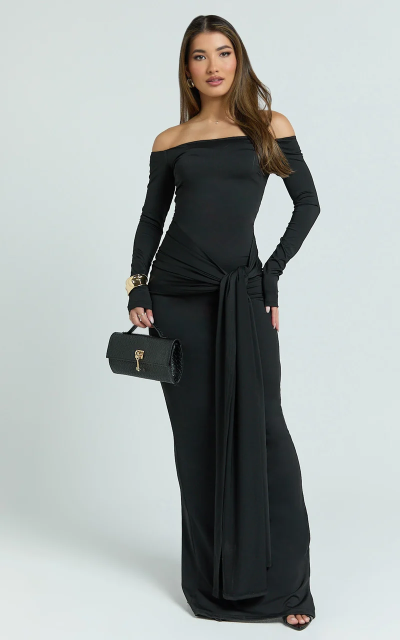 Judith Maxi Dress - Boat Neck Backless Tie Front Long Sleeve Jersey Dress in Black