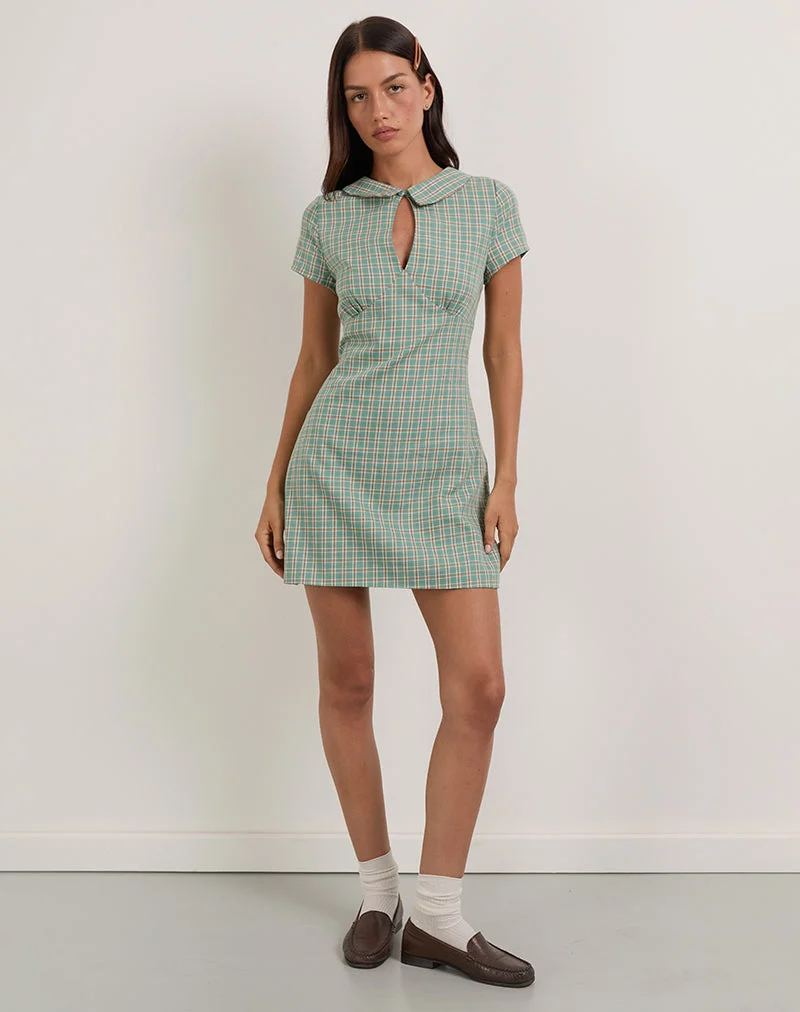 Medora Keyhole Mini Dress in Teal Check (Mini robe avec trou de serrure, carreaux sarcelle)