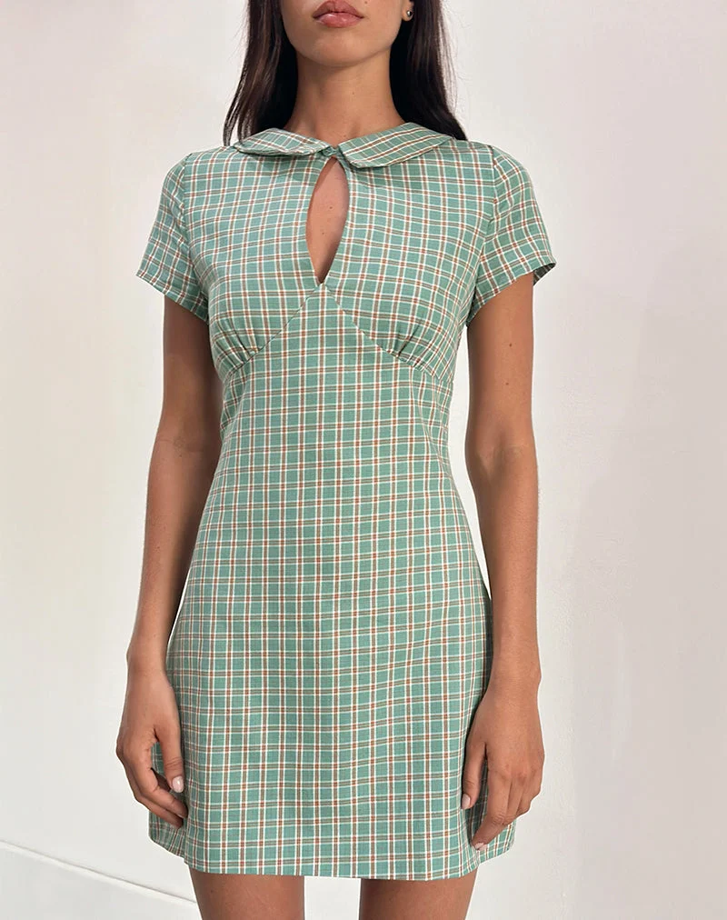 Medora Keyhole Mini Dress in Teal Check (Mini robe avec trou de serrure, carreaux sarcelle)