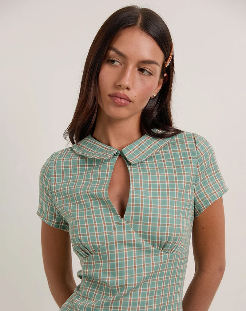 Medora Keyhole Mini Dress in Teal Check (Mini robe avec trou de serrure, carreaux sarcelle)