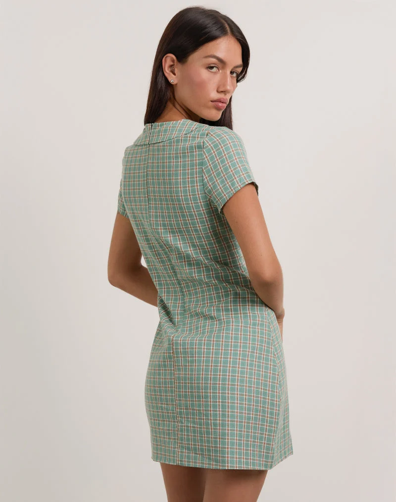 Medora Keyhole Mini Dress in Teal Check (Mini robe avec trou de serrure, carreaux sarcelle)