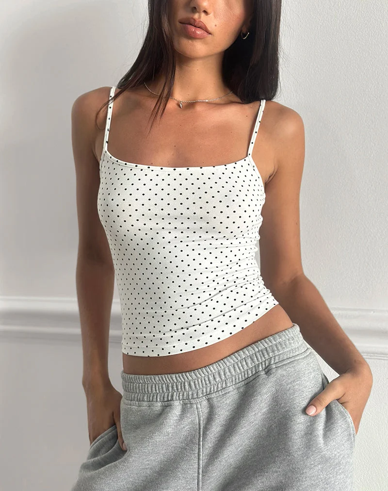 Solay Cami Top in White with Black Micro Polka Print