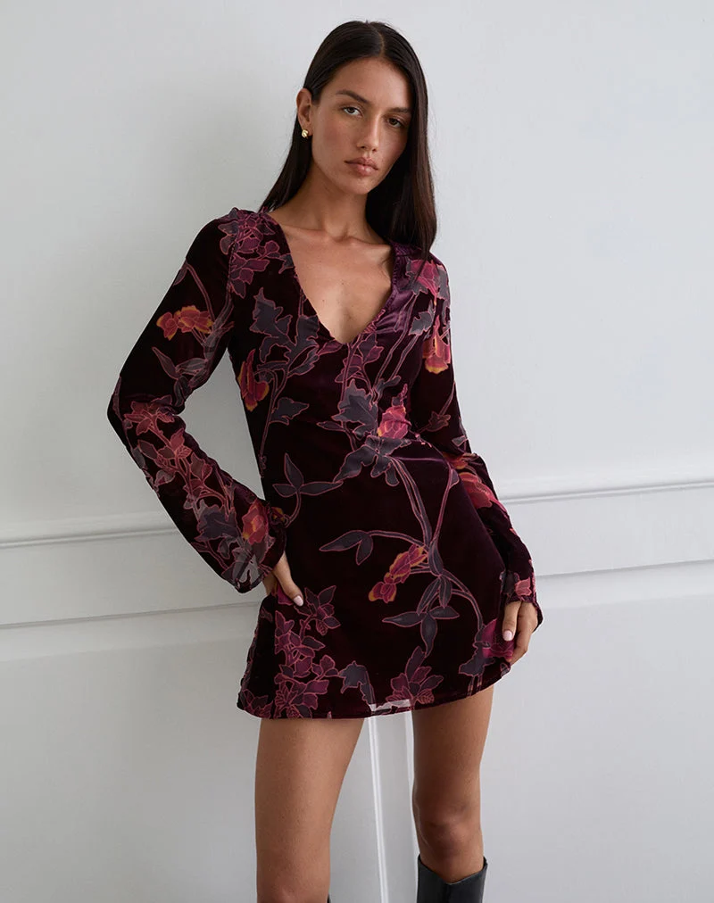 Alitra Mini Dress in Floral Devore Burgundy