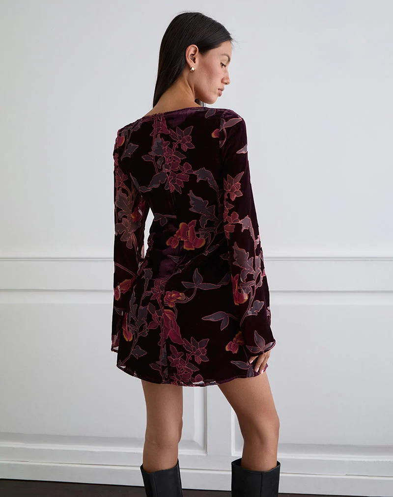 Alitra Mini Dress in Floral Devore Burgundy
