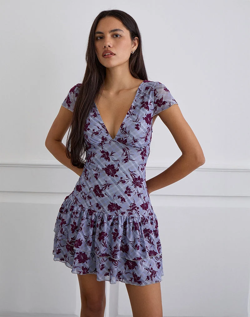 Elaya Dress in Lotus Flock Checked Lavender (Robe Elaya en flocon de lotus à carreaux lavande)