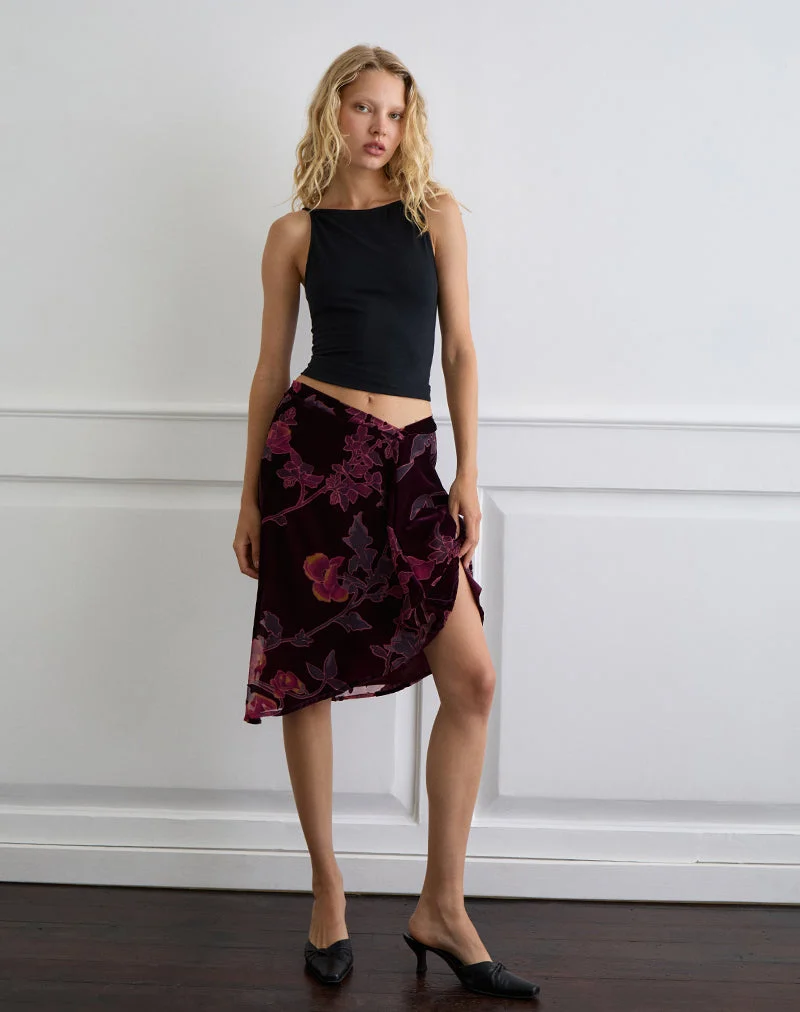 Jupe midi Esti, florale Devore Burgundy