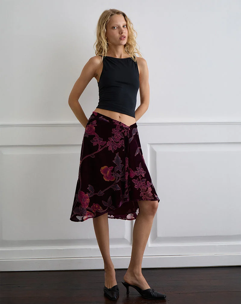 Jupe midi Esti, florale Devore Burgundy