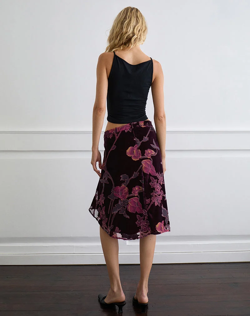 Jupe midi Esti, florale Devore Burgundy