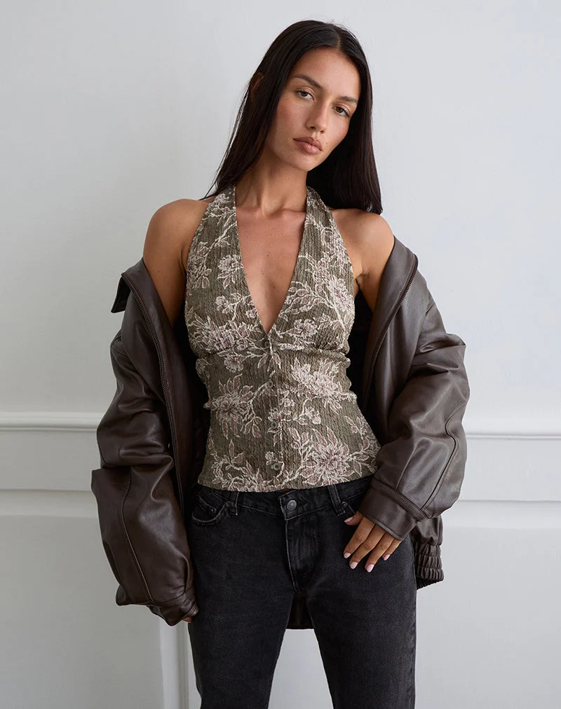 Mabli Halterneck Top in Textured Woven Floral Green (Top dos nu en tissu floral texturé)