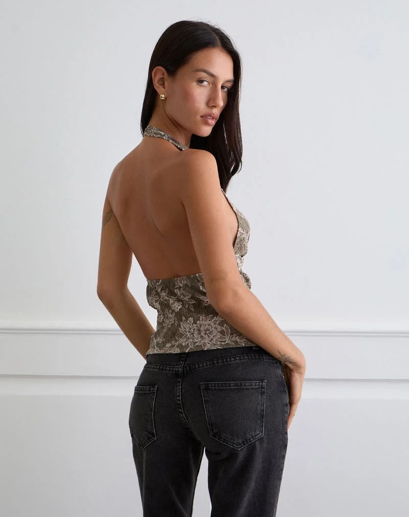 Mabli Halterneck Top in Textured Woven Floral Green (Top dos nu en tissu floral texturé)