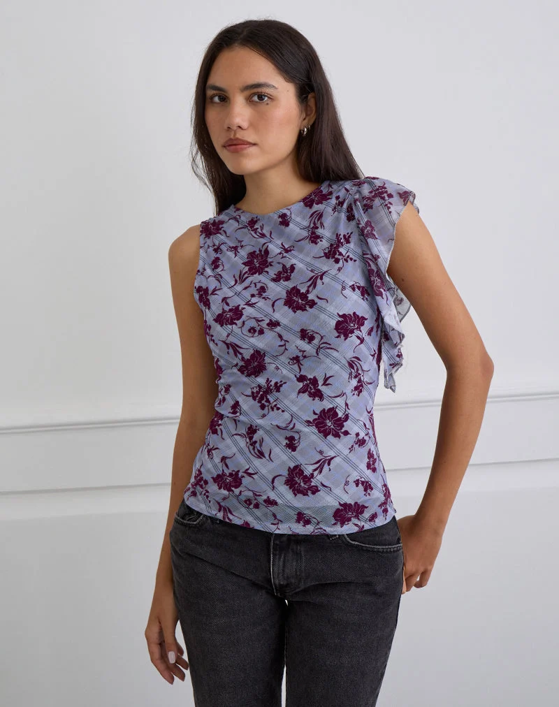 Soyan Asymmetric Top in Lotus Flock Check Lavender (Top asymétrique en flocon de lotus à carreaux)