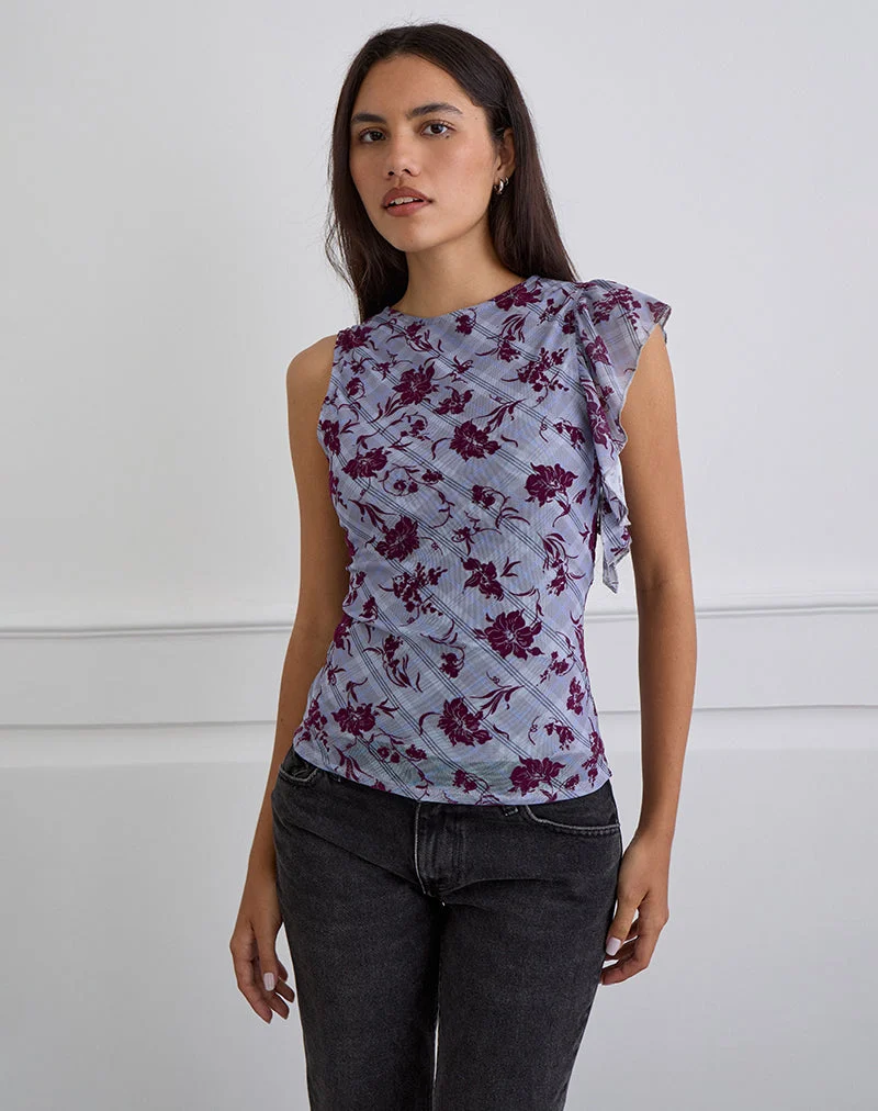 Soyan Asymmetric Top in Lotus Flock Check Lavender (Top asymétrique en flocon de lotus à carreaux)