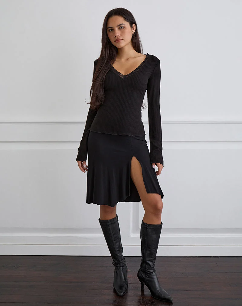 Maivi Long Sleeve Top in Black with Lace Trim