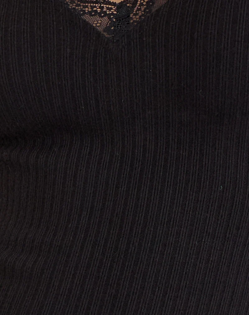 Maivi Long Sleeve Top in Black with Lace Trim