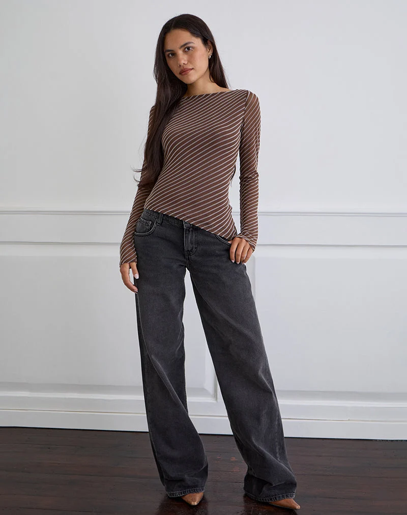 Lakya Long Sleeve Top in Diagonal Stripe Flocked Brown and Cream (Top à manches longues en rayures diagonales floquées marron et crème)